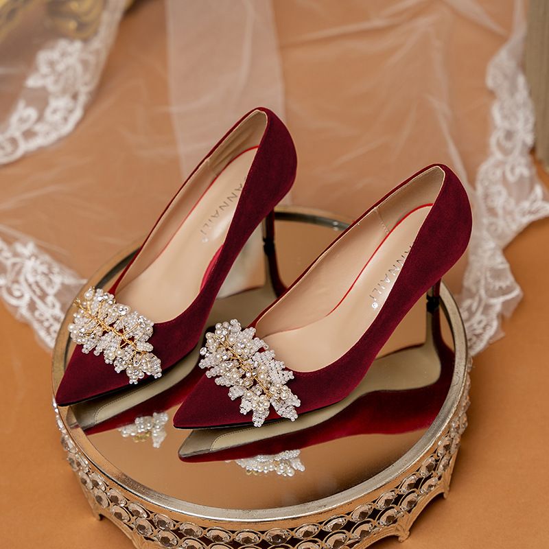 Wedding Dress Wine Red High Heels 